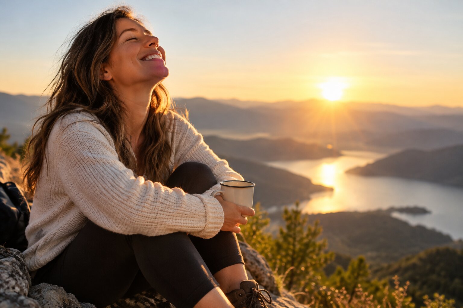 Woman creating happiness through a peaceful, joyful moment in nature.