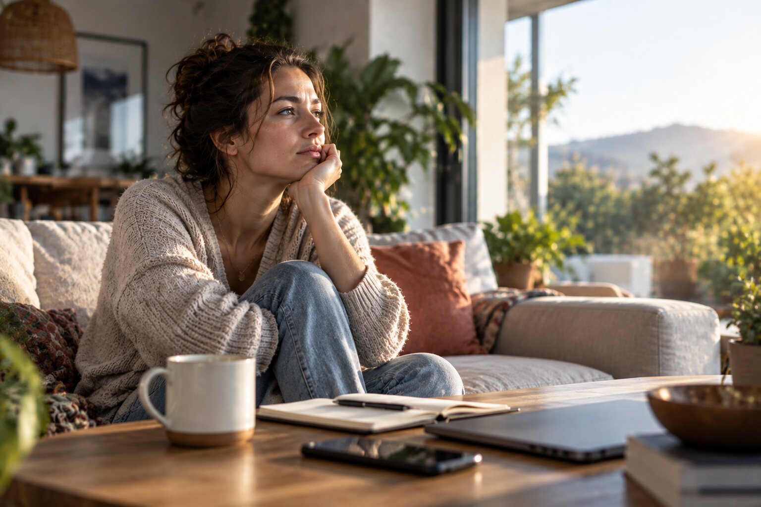 Thoughtful woman feeling stuck in life while sitting quietly in a bright, comfortable home.