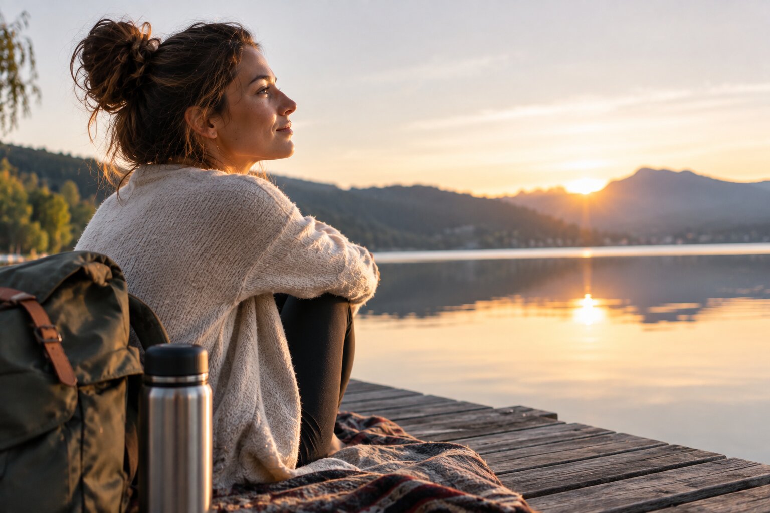 Woman reflecting beside a peaceful lake, finding clarity and motivation to move forward in life.