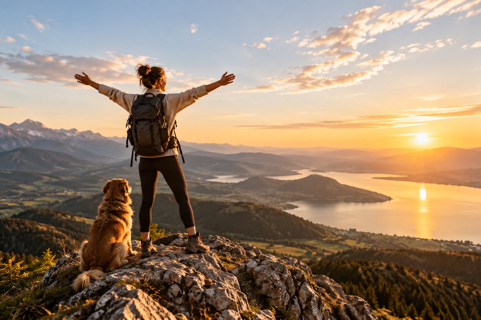 Friends celebrating personal growth and achievement together on a mountain overlook at sunset.