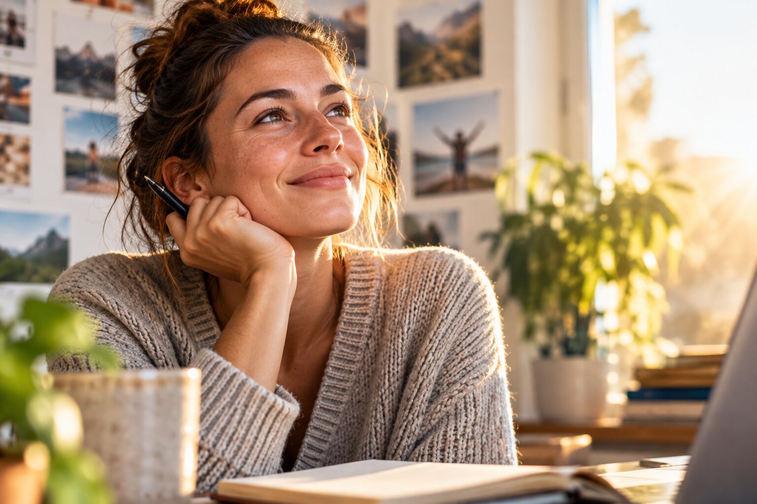 Thoughtful woman reflecting on personal goals and motivation in a warm, inspiring home workspace.
