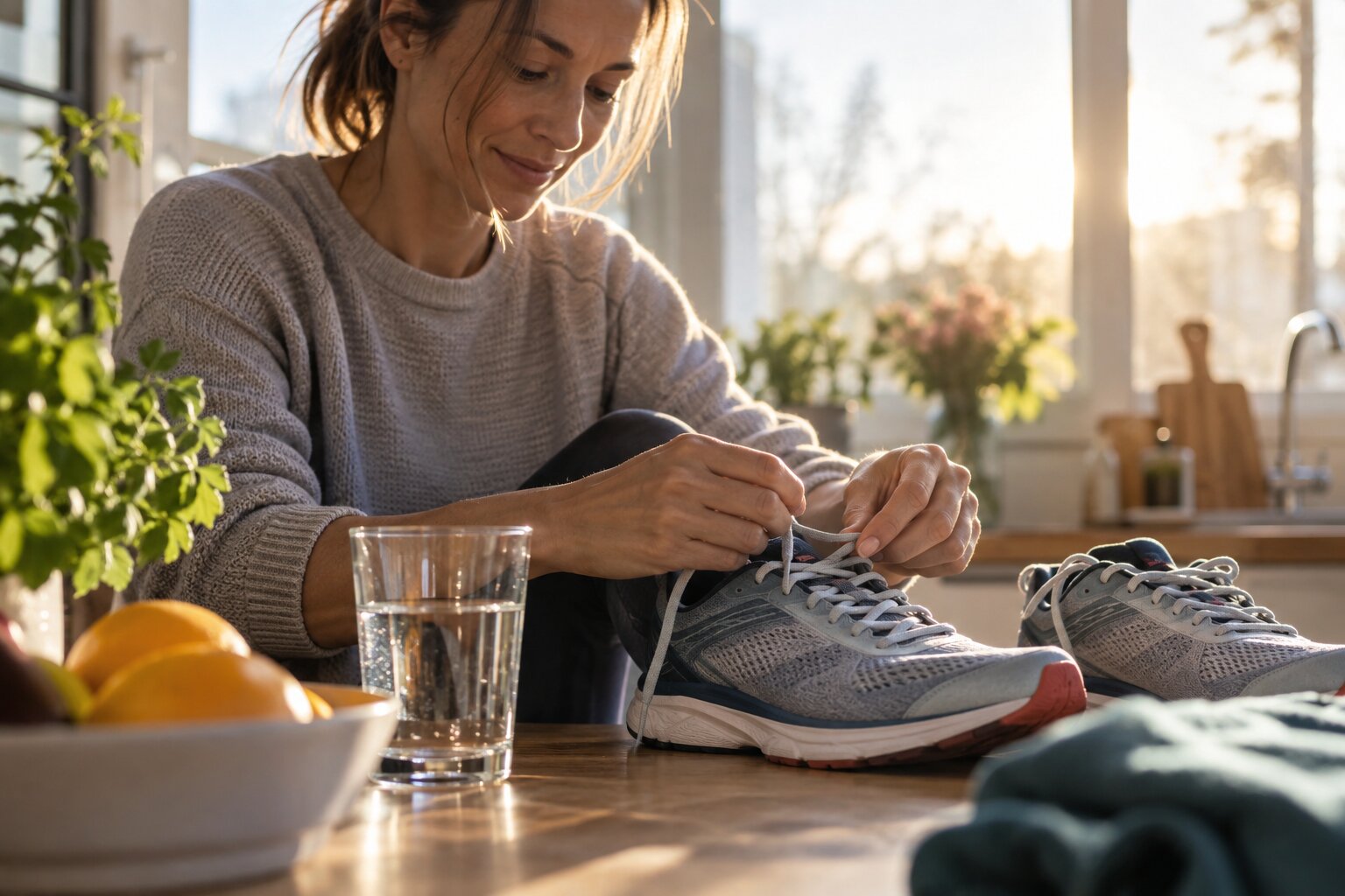 Woman lacing running shoes at sunrise as part of a routine to stay on track with her goals.