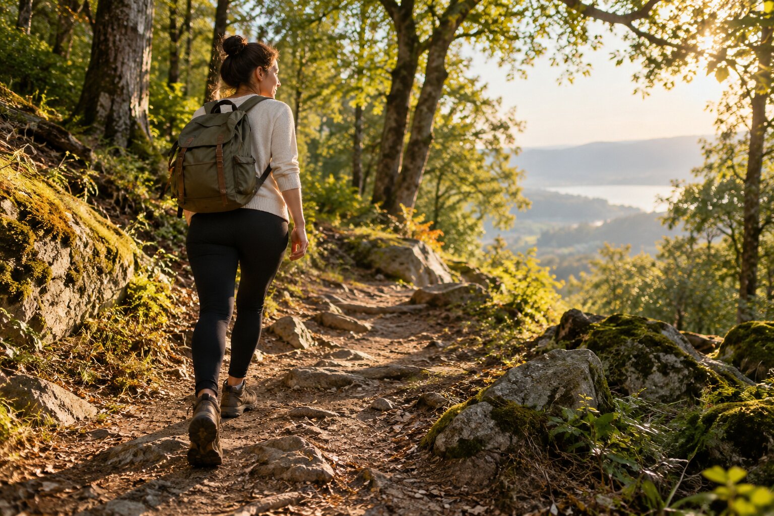 Woman walking uphill on a sunlit trail, illustrating steady progress toward her goals.