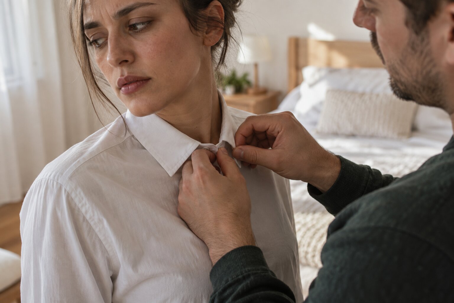 A woman looks away as her partner adjusts her shirt collar, suggesting control over her appearance.