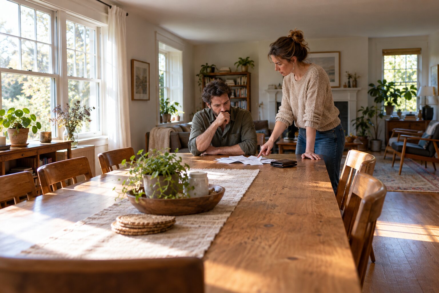 A partner scrutinizes household spending while the other sits uneasily at a dining table.