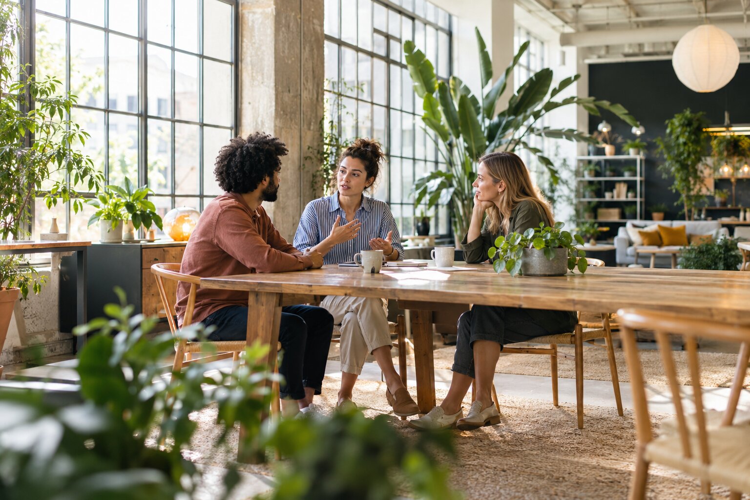 Three colleagues practice open communication during a calm conversation in a bright workspace.