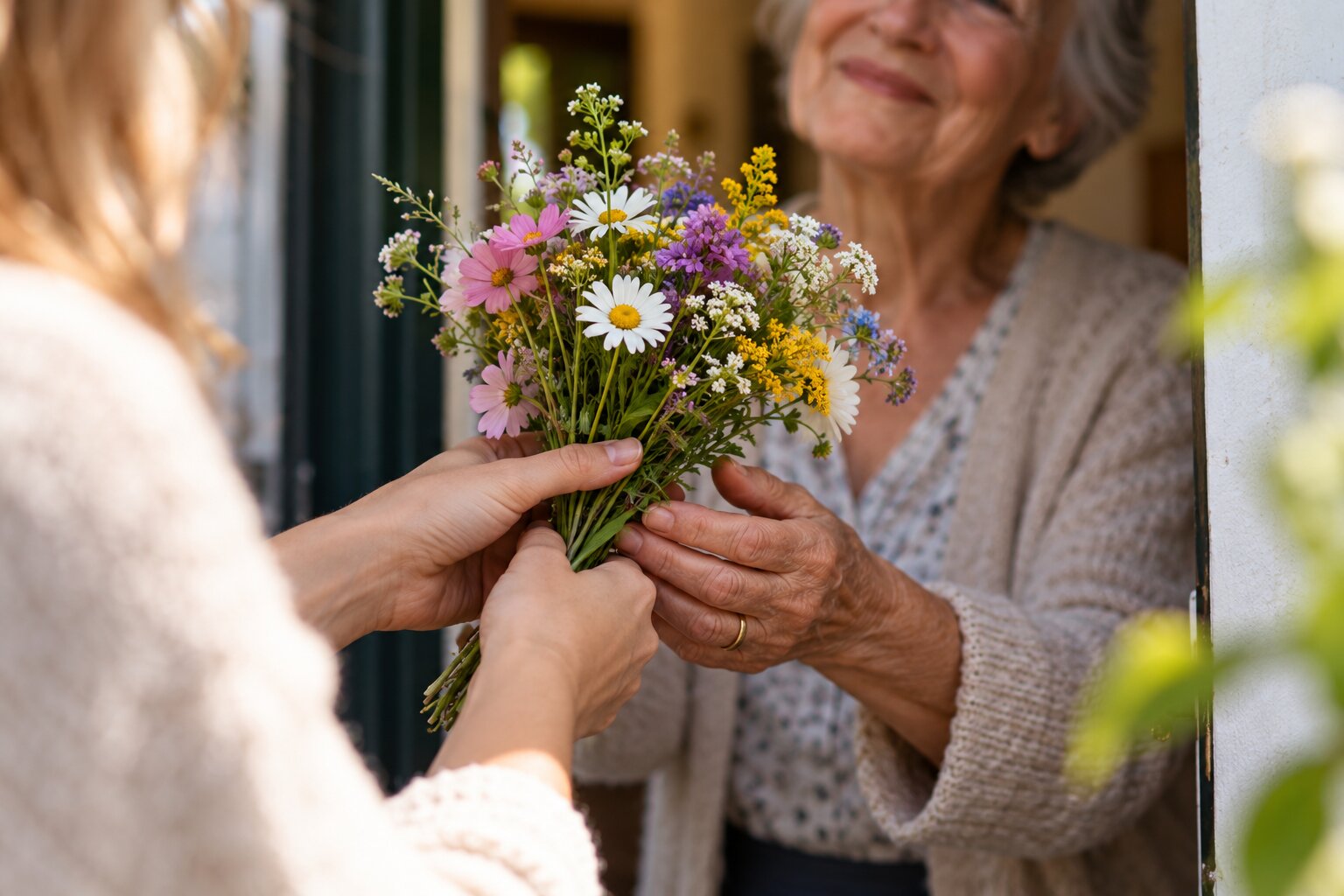 Close-up of someone expressing gratitude by giving an older woman a bouquet of flowers.
