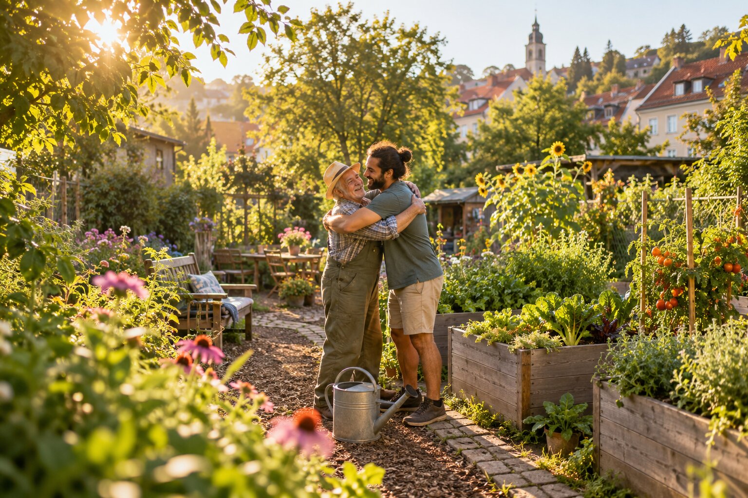 Two neighbors embrace in a sunlit community garden, expressing gratitude for help.