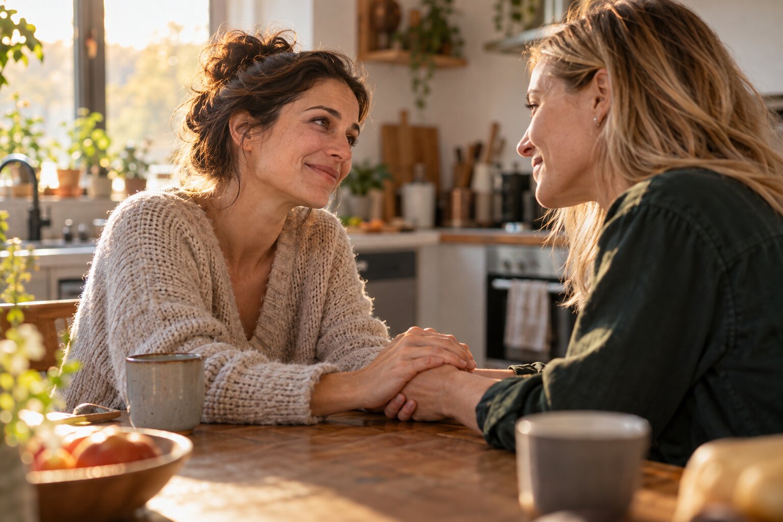 Two friends hold hands while expressing gratitude at a kitchen table.