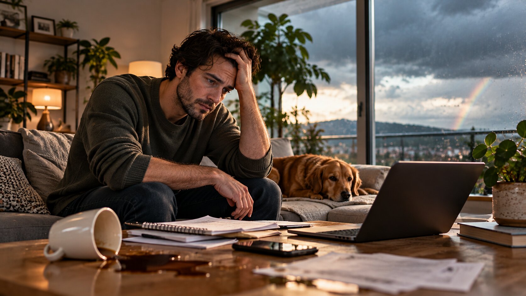 Frustrated man sitting beside spilled coffee and unfinished work, feeling overwhelmed by a streak of bad luck.