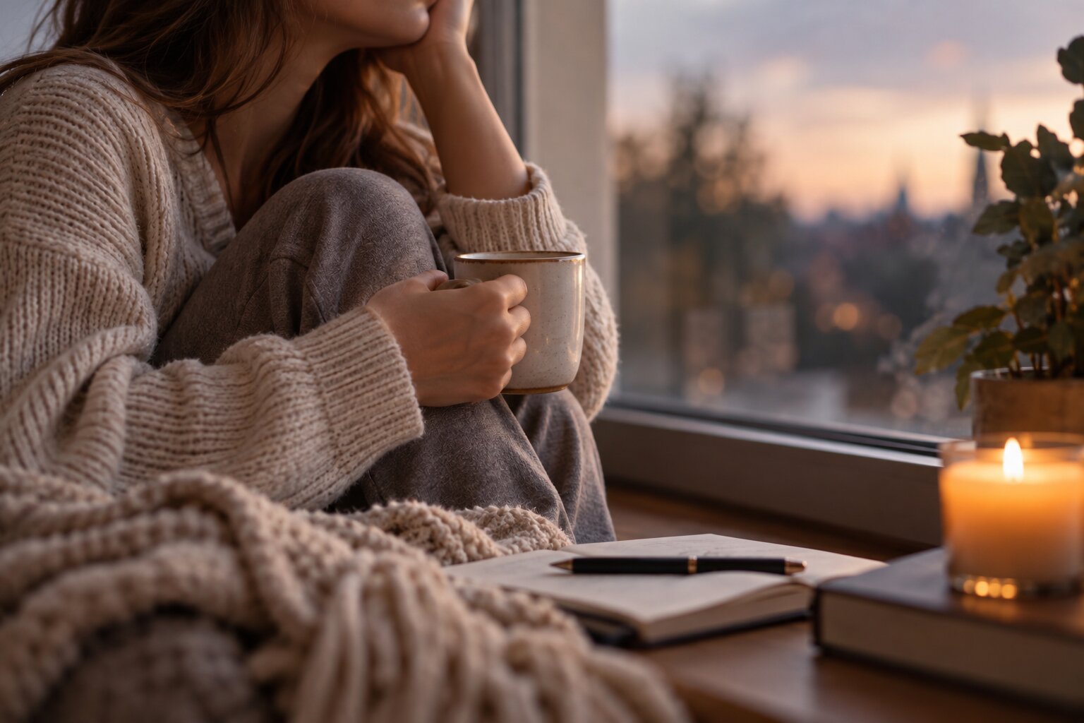 Close-up of a woman holding a warm mug by a window, expressing loneliness and fear of being alone.