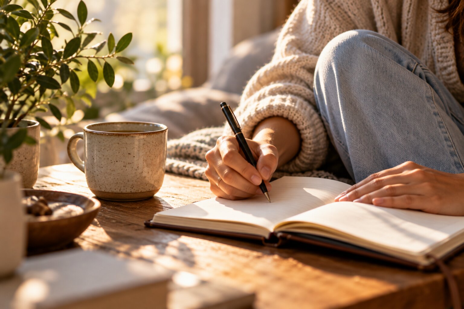 Close-up of a woman writing in a journal to practice self-accountability, goal setting, and personal growth.