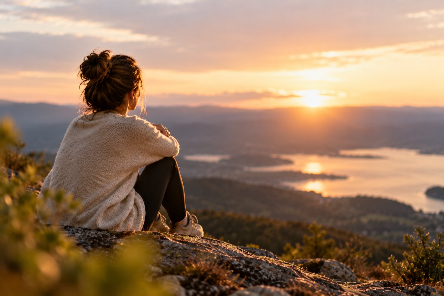 Woman sitting beneath a tree overlooking a peaceful valley at sunrise, symbolizing acceptance and new beginnings.