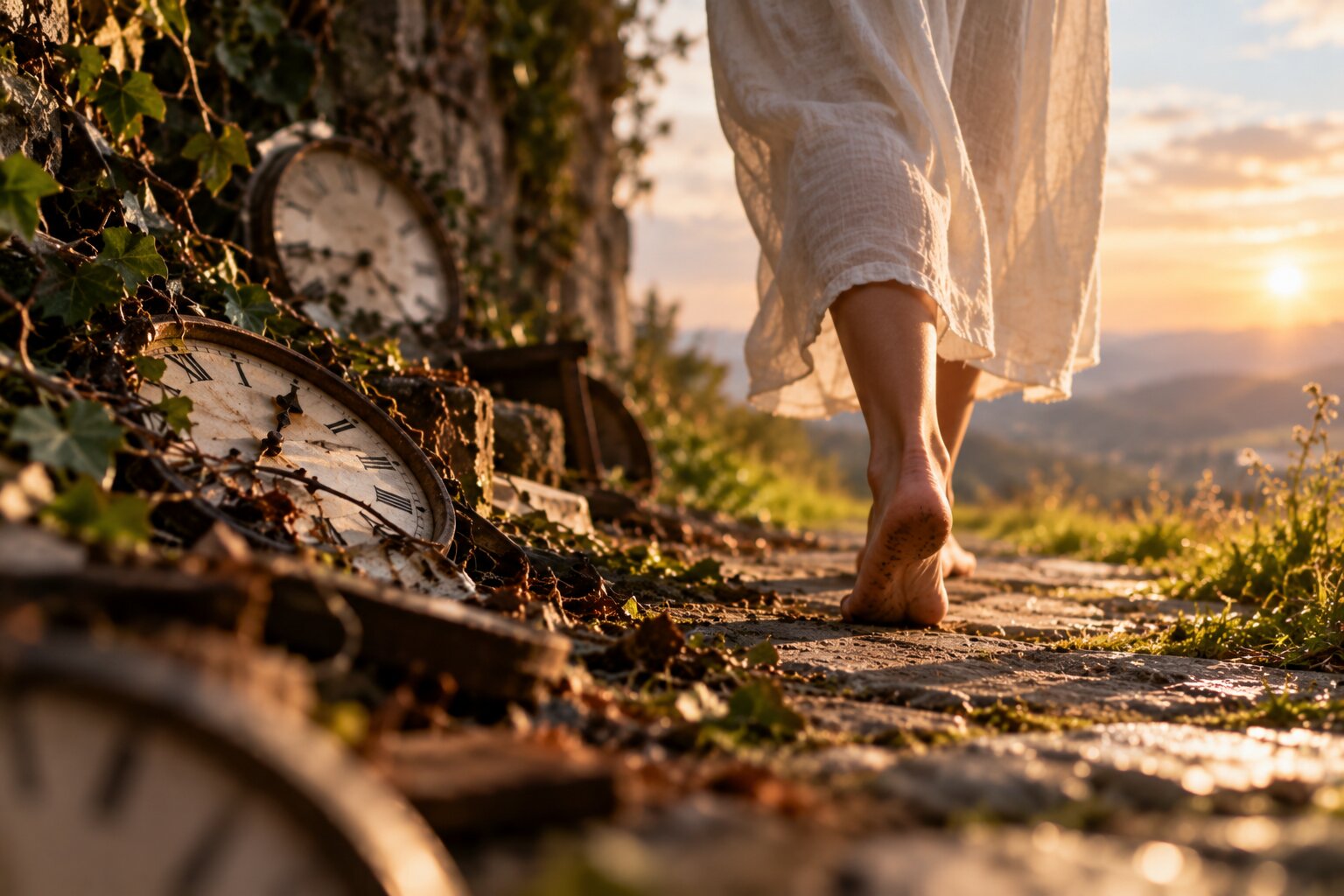 Close-up of bare feet walking away from abandoned clocks toward sunlight, symbolizing freedom from the past.