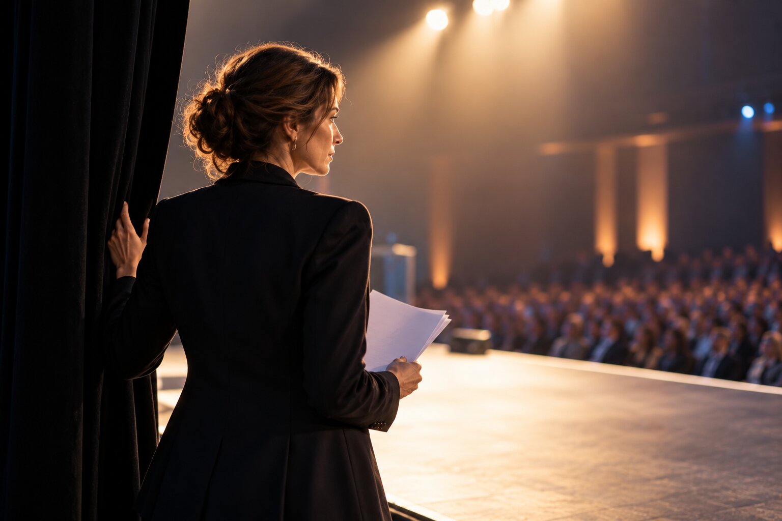 Woman preparing for a keynote speech backstage, facing a large conference audience under dramatic stage lighting.