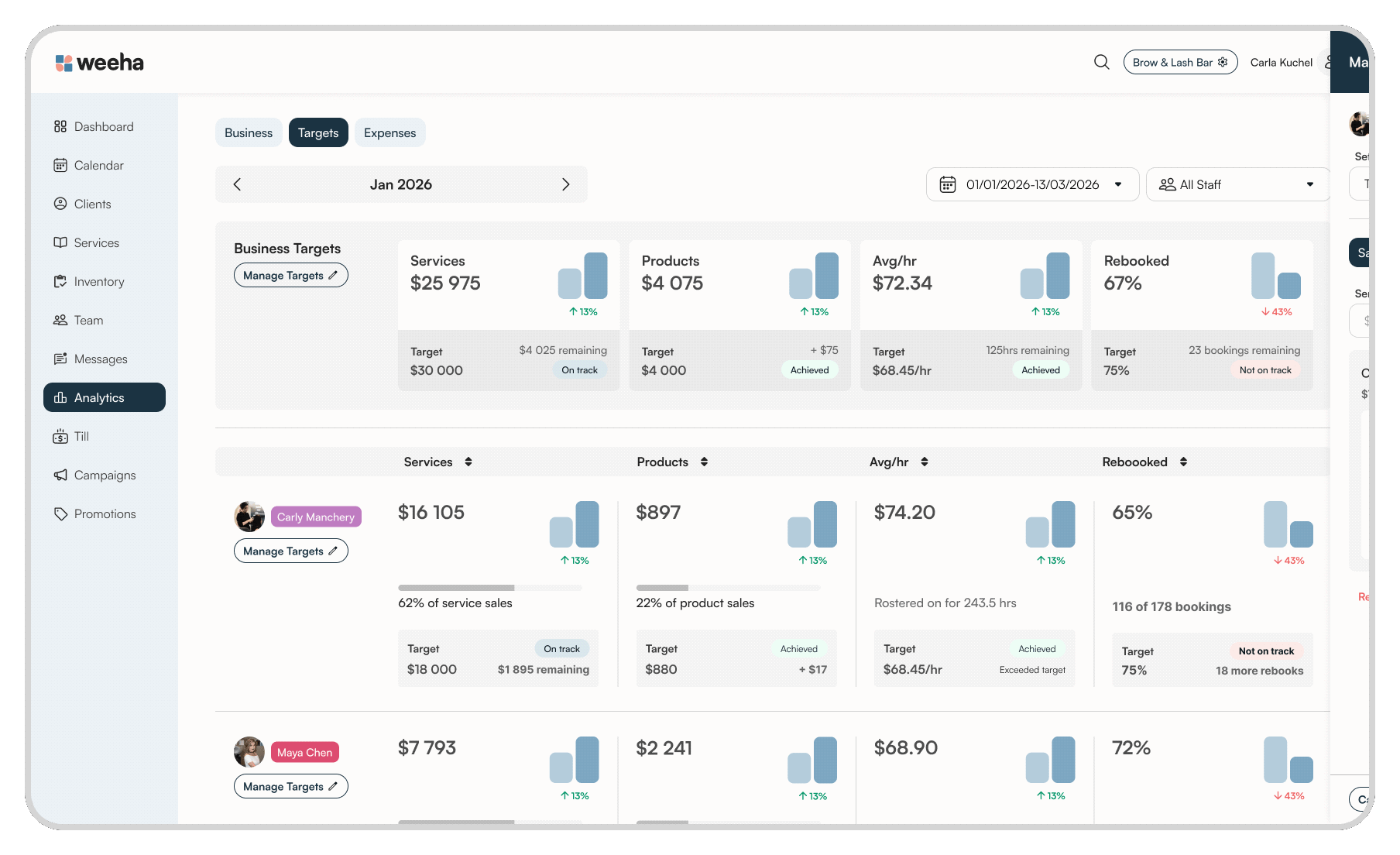 create and manage individual and business wide staff targets