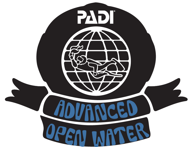 PADI Advanced Diver emblem featuring a red scuba diver over a blue globe with a gray border and a blue ribbon labeled 'Advanced Diver'.