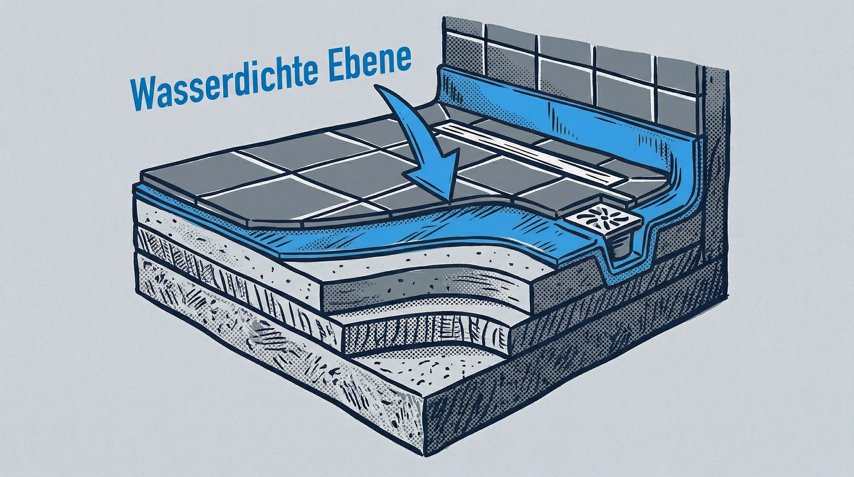 Eine technische Querschnitt-Skizze zeigt den korrekten Schichtaufbau bei einem Badezimmer-Umbau, inklusive der normgerechten Verbundabdichtung unter den Fliesen zum Schutz vor Wasserschäden.