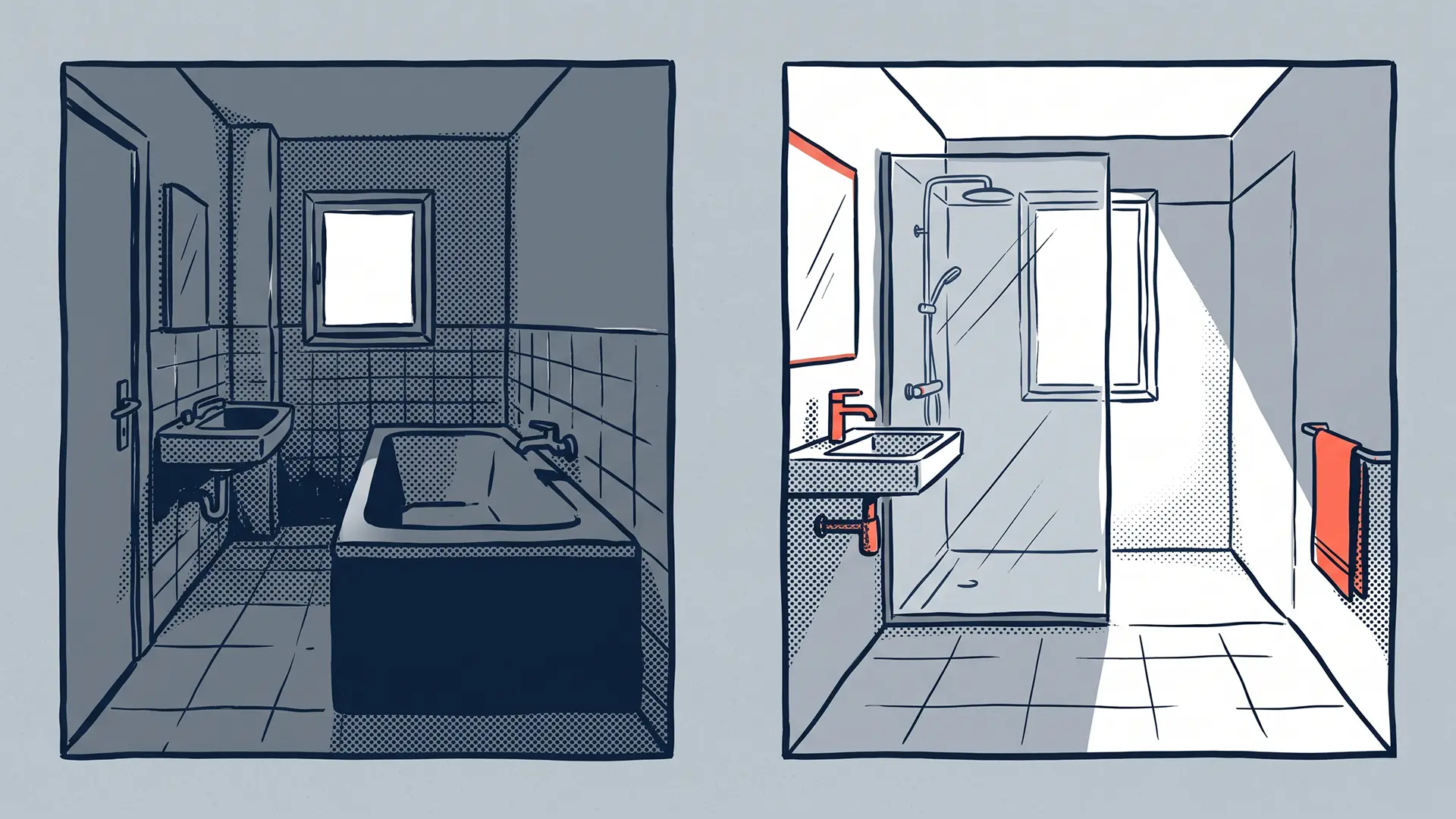 Eine Vorher-Nachher-Skizze eines kleinen Badezimmers. Links sieht man eine alte, wuchtige Badewanne, die den Raum optisch verengt. Rechts zeigt die Skizze eine moderne, bodengleiche Walk-In Dusche mit einer transparenten Glaswand, die das kleine Bad optisch deutlich offener und größer wirken lässt.
