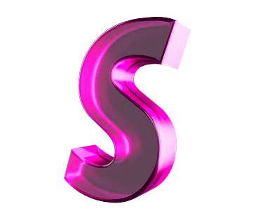 3D glossy pink letter "S" with a shiny surface against a black background.