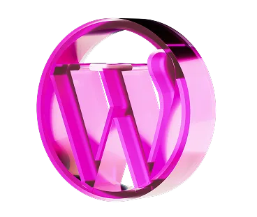 3D pink WordPress logo inside a circular outline, emphasizing modern design and branding for web publishing.