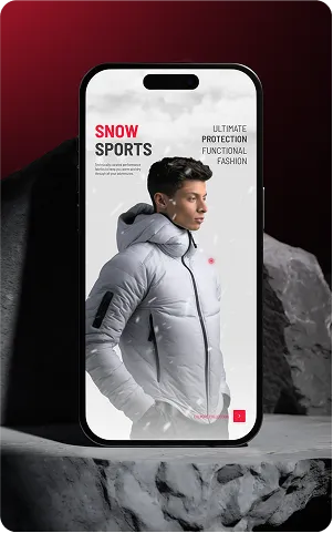 A smartphone displays a fashionable model wearing a grey puffer jacket, promoting snow sports apparel on a striking background.
