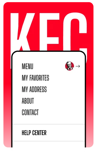KFC app interface showcasing menu options: Menu, My Favorites, My Address, About, Contact, Help Center on a red background.