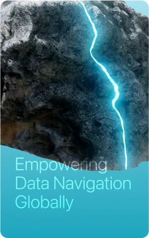 A textured rock with a glowing blue crack, alongside the text "Empowering Data Navigation Globally" in light font on a gradient background.