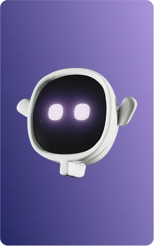 A cute, round, white robot with large eyes on a purple background, featuring small ears and a friendly appearance.