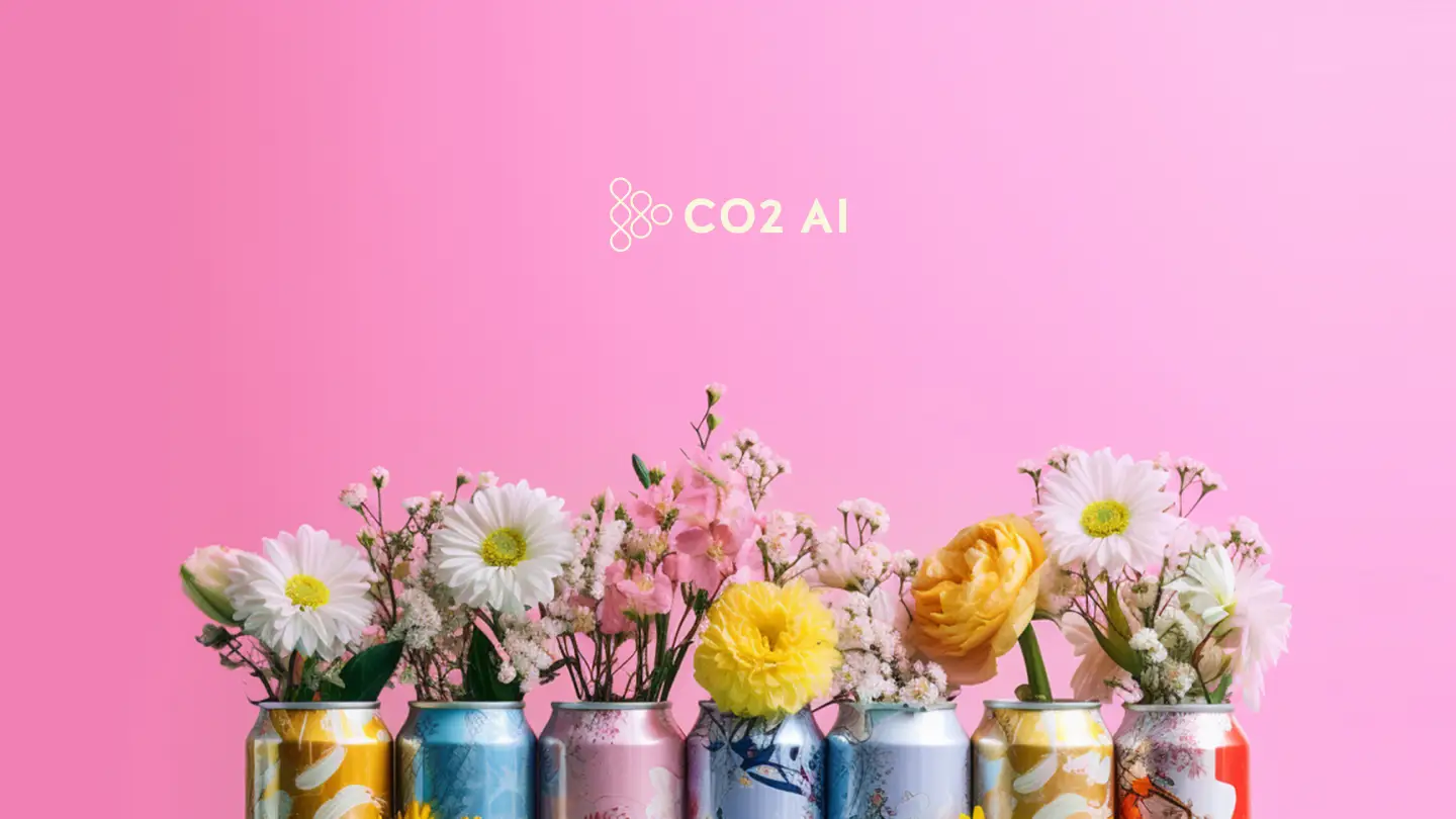 Visual of CO2 AI with a group of colorful cans with flowers in them