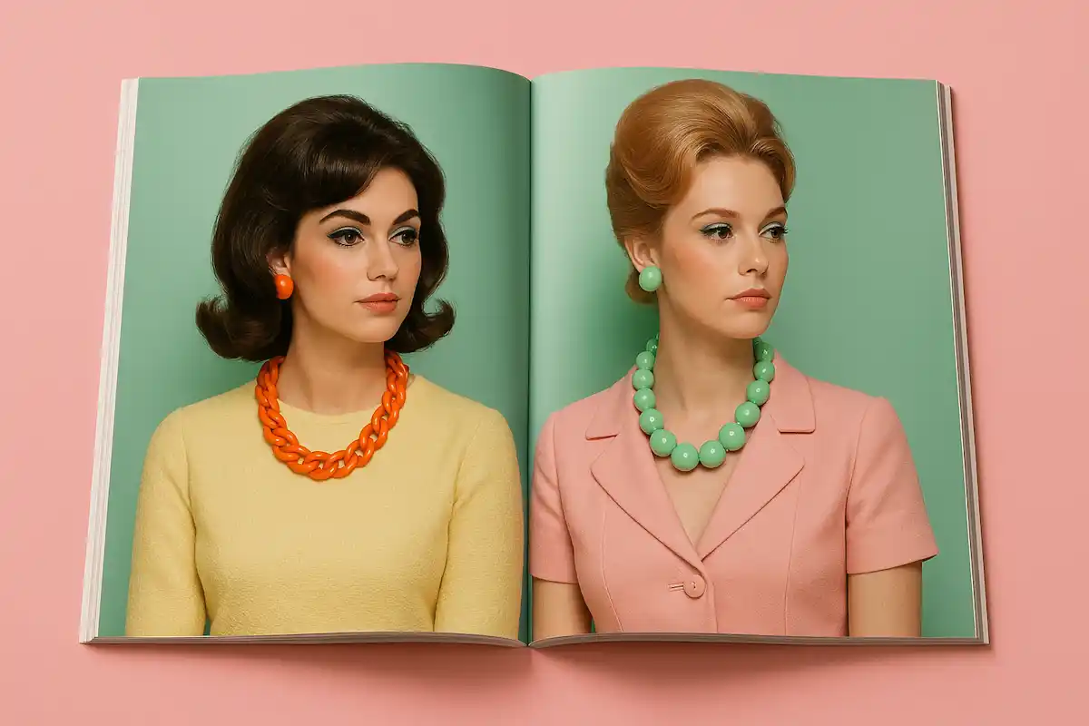 Retro Magazine with a picture of two women wearing necklaces.