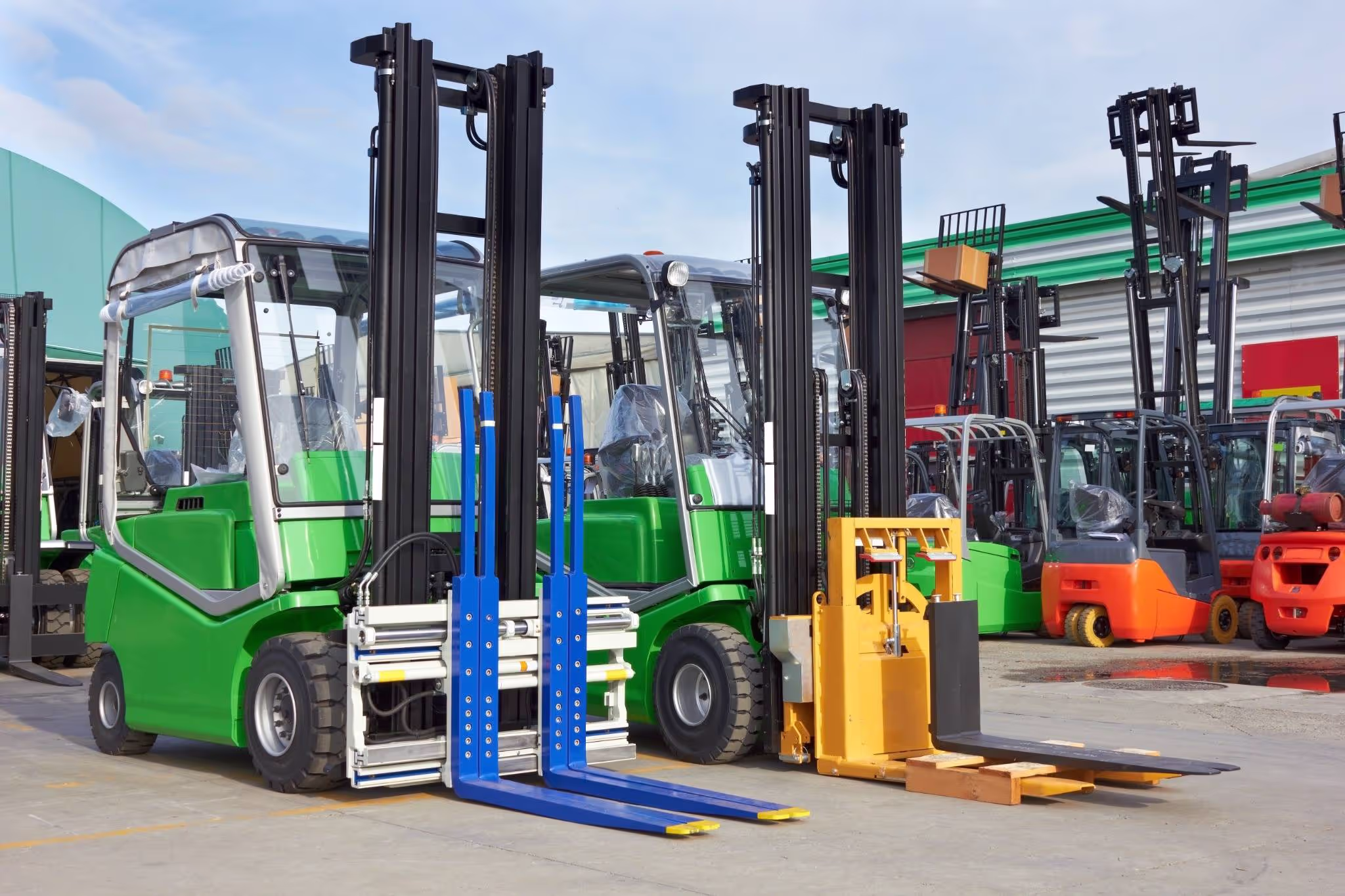 Line of bright coloured forklifts parked outside a warehouse, with various forklift attachments