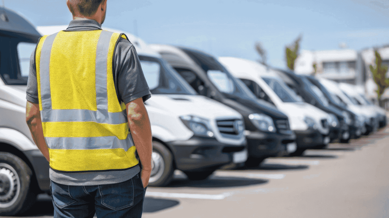 Two engineers in industrial or warehouse facility looking down at a tablet.