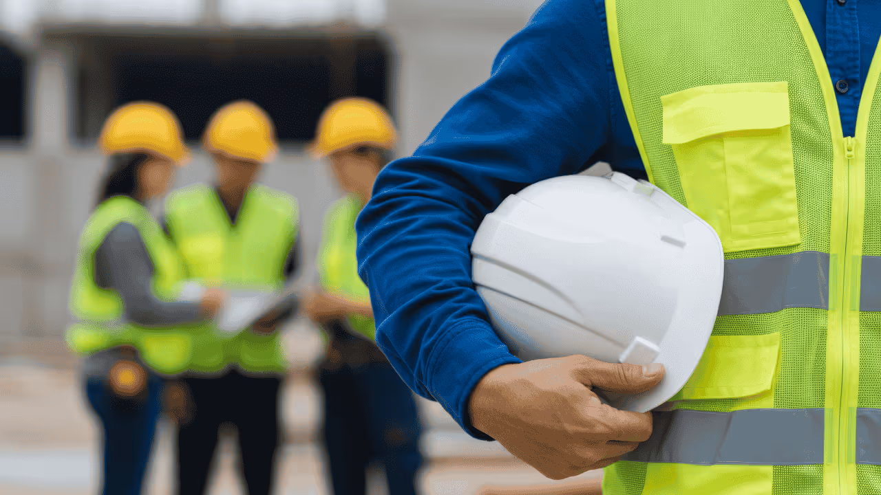 Two engineers in industrial or warehouse facility looking down at a tablet.