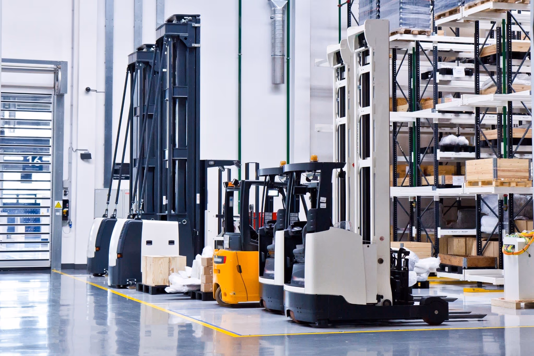 Powered pallet stackers lined up in warehouse