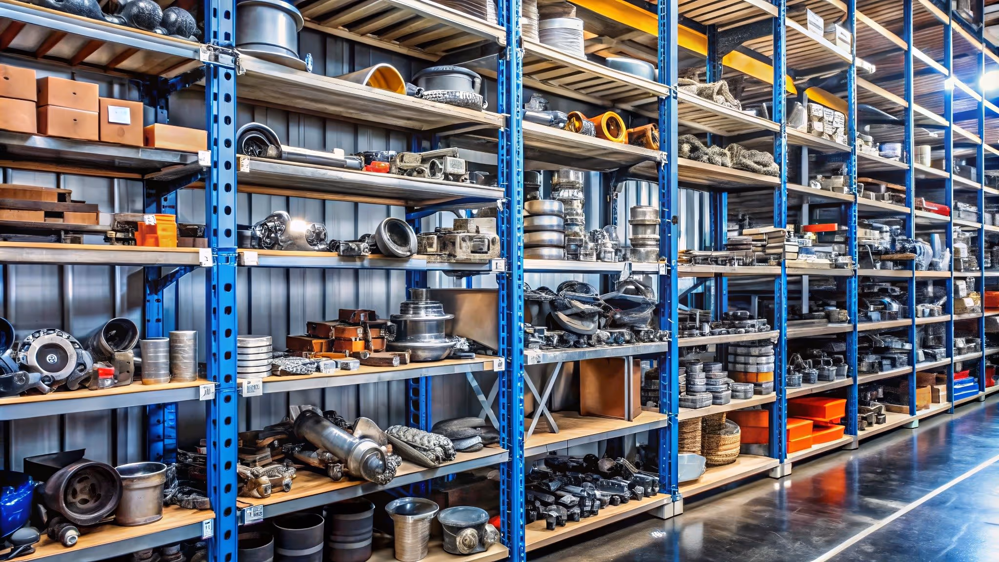 Organised industrial shelving units filled with various metal and mechanical parts, tools, and components 