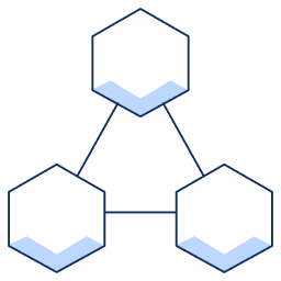 Diagram with three connected hexagons forming a triangular layout with blue highlights inside.