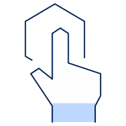 Hand cursor icon with index finger pointing upward inside a hexagon outline.