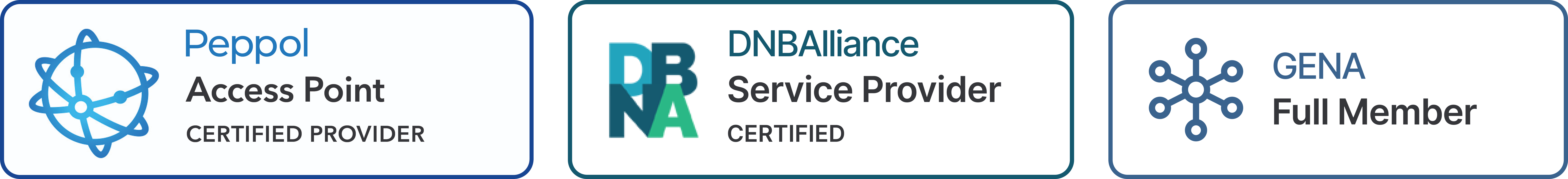 Peppol Access Point Certified Provider, DNB Alliance Certified Service Provider, Gena Full Member