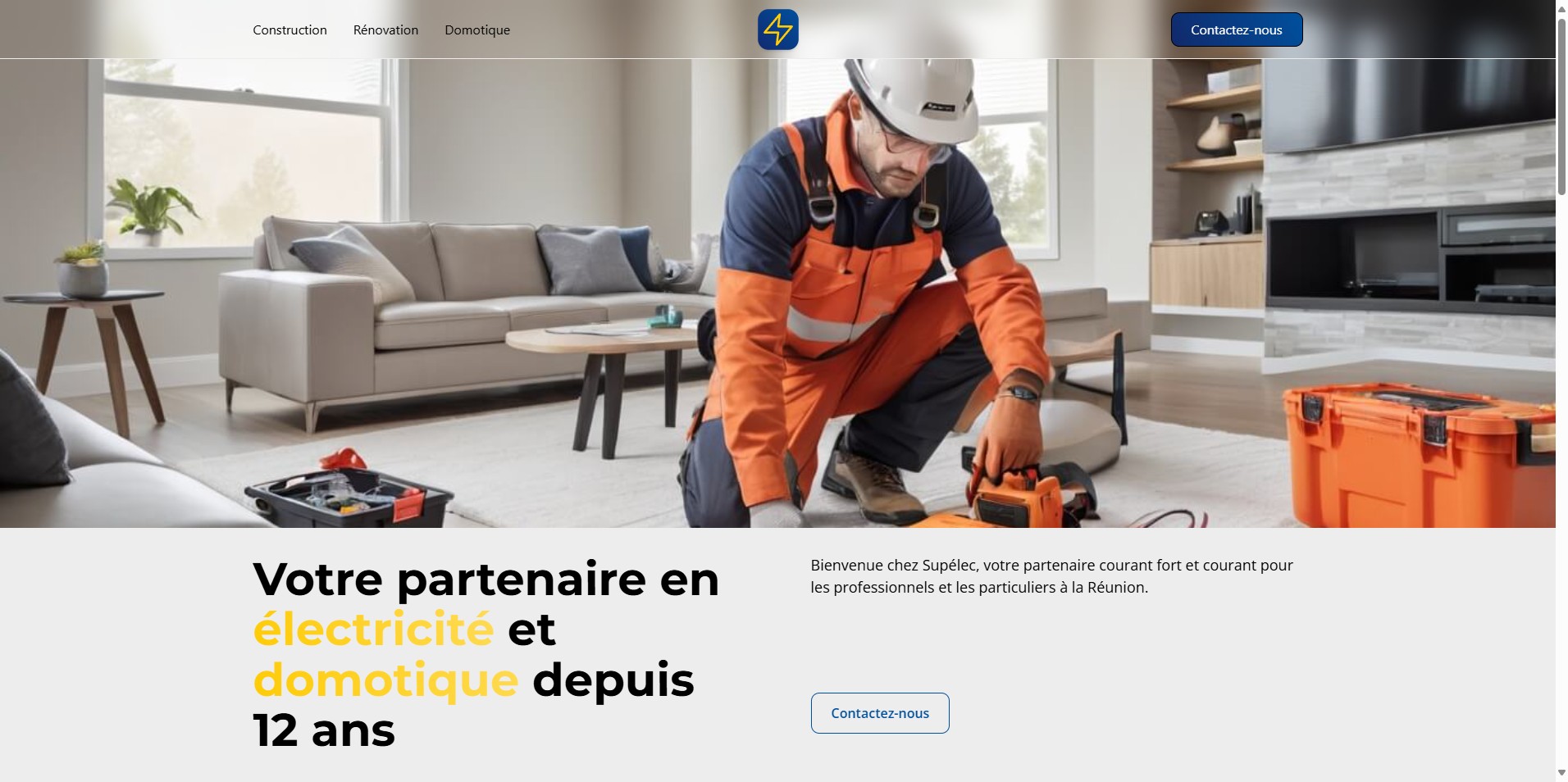 La hero section du modèle site supélec pour les artisans électriciens