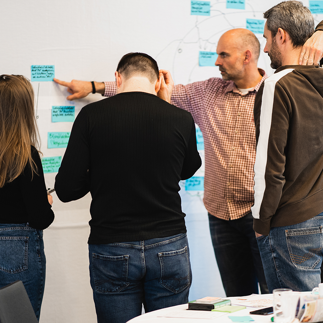 Team-Workshop zur strategischen Planung für die Stadtwerke München – Teilnehmer diskutieren und strukturieren Ideen auf einem Whiteboard.