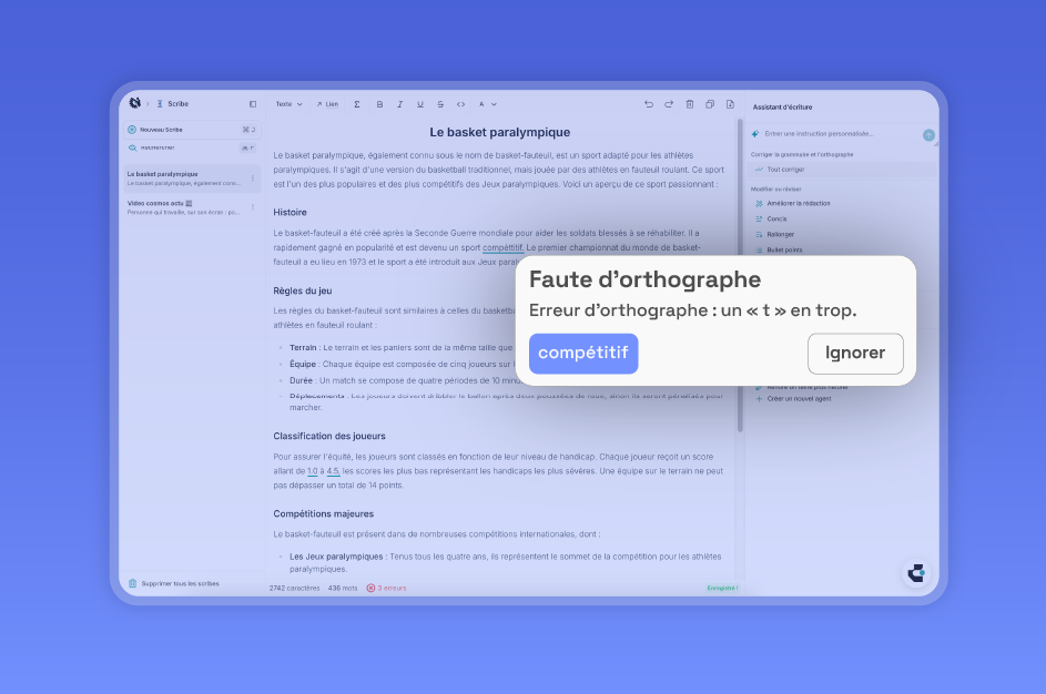Discover Delos's IA Advanced Correction feature, transforming your notepad into a faultless tool. In the era of generative AI, spelling mistakes are no longer acceptable. Delos's Scribe detects over 95% of errors by considering context, far surpassing traditional tools.