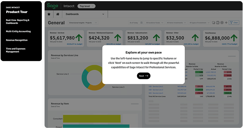 The interactive product tour for learning about Sage Intacct for Professional Services