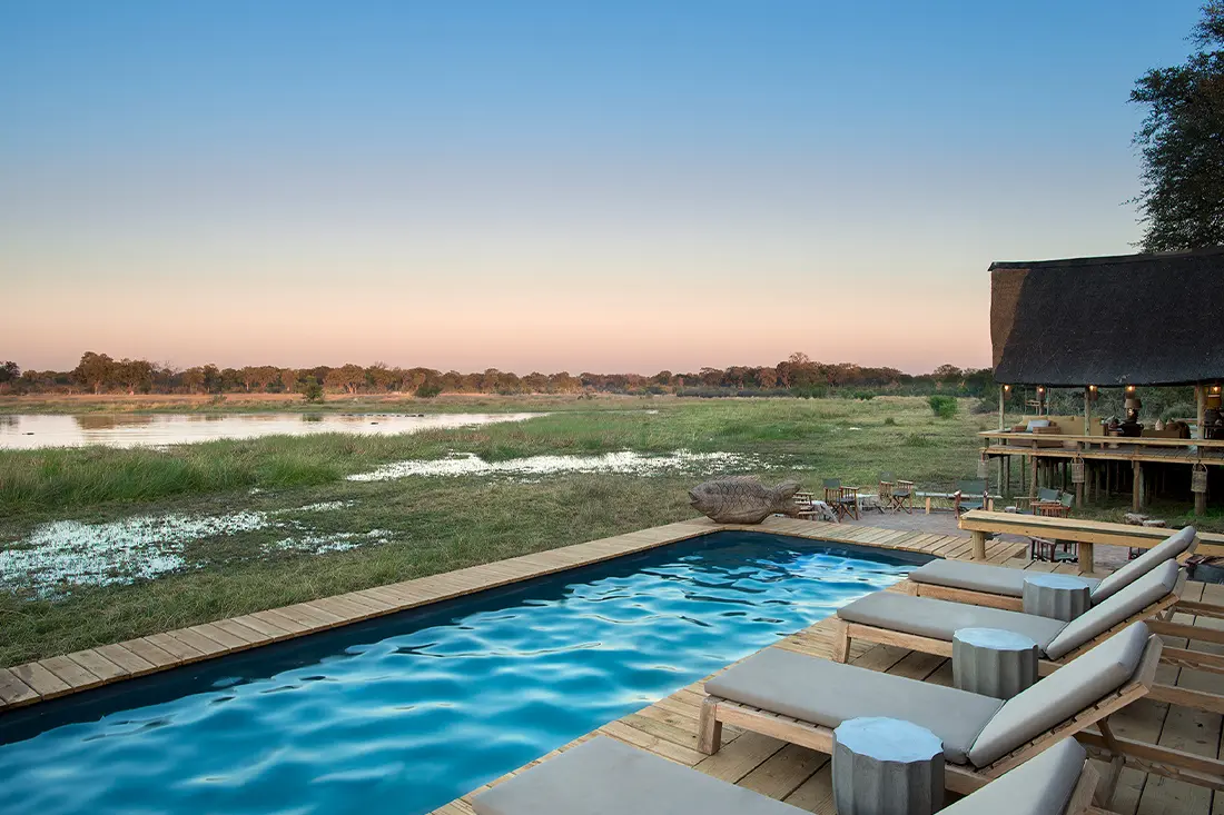 Large pool with uninterrupted views of the Delta, perfect for cooling off between safaris.