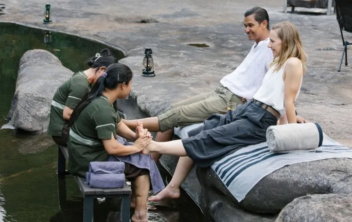 Riverside spa tent with unique Khmer and Western treatments using botanicals from the jungle.