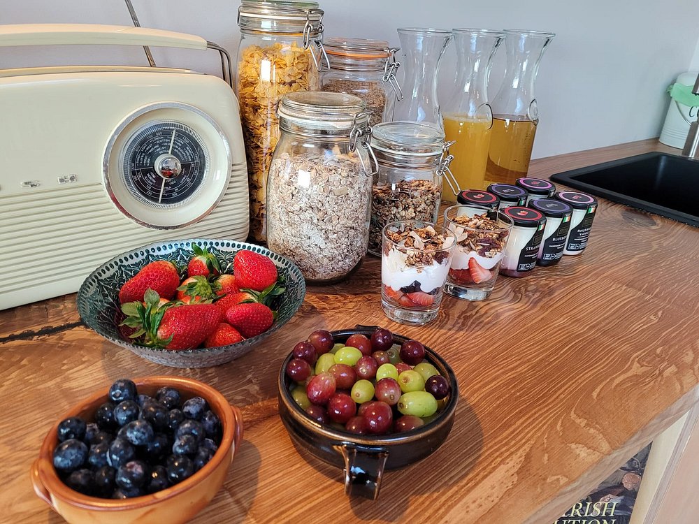 Continental breakfast includes home-baked goods, fruit, fresh tea and coffee, with an emphasis on local and Irish-produced ingredients.