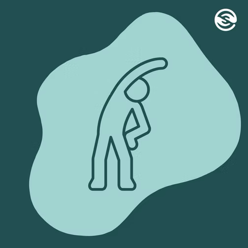 Icon of a person stretching with one arm raised overhead and the other on the hip inside an irregular teal shape on a dark green background.