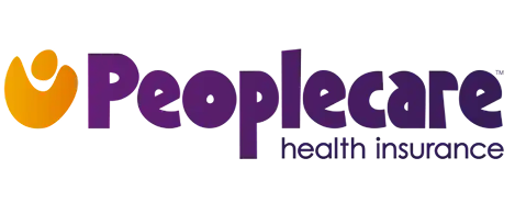 Peoplecare health insurance logo with purple text and an orange abstract symbol.