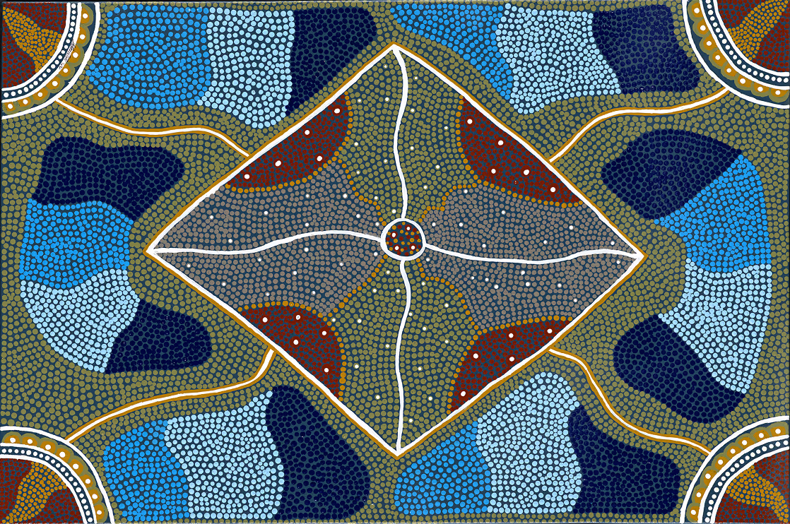 Abstract Indigenous Australian dot painting featuring a central diamond shape with four curved white lines.