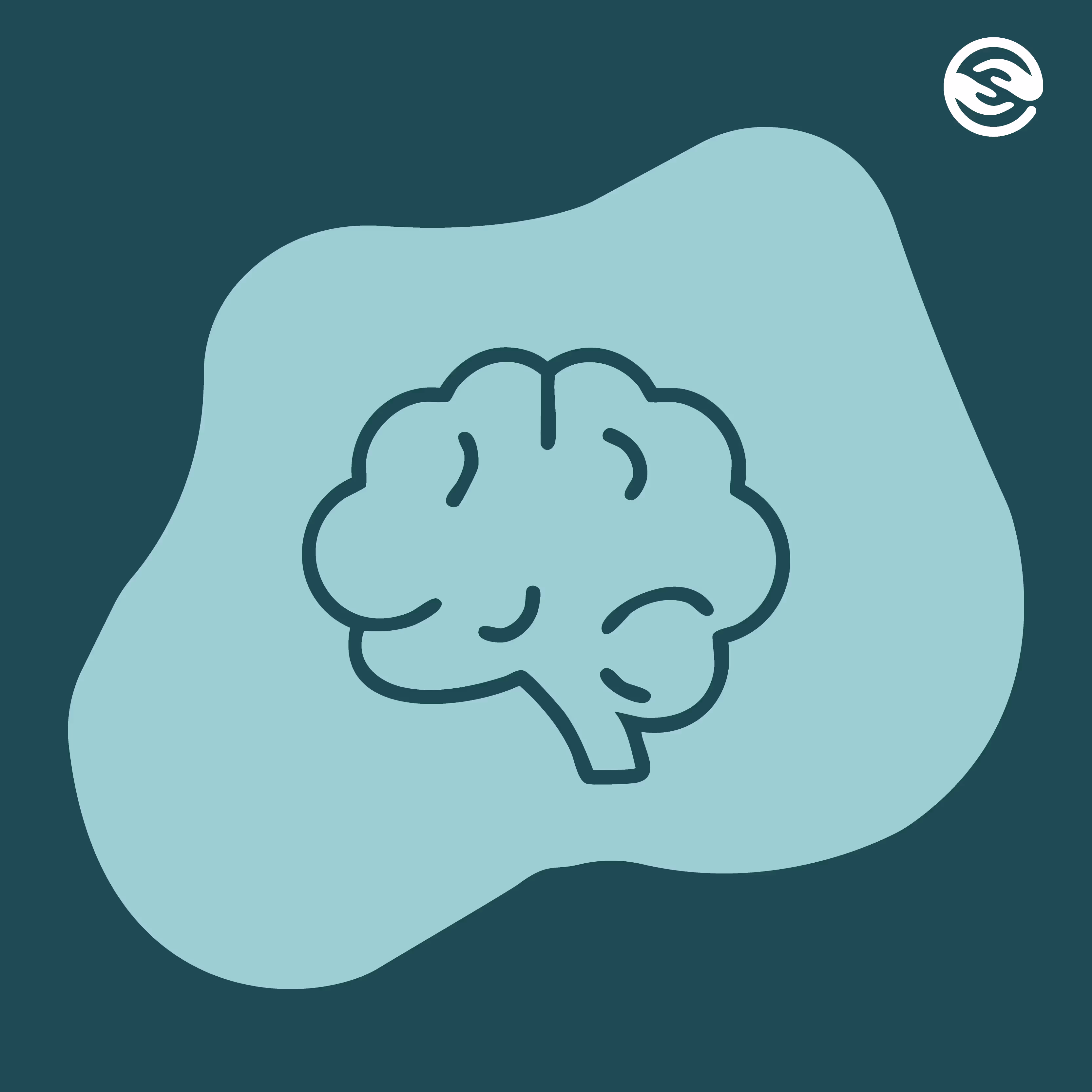 Simple line drawing of a brain inside an irregular teal shape on a dark teal background.
